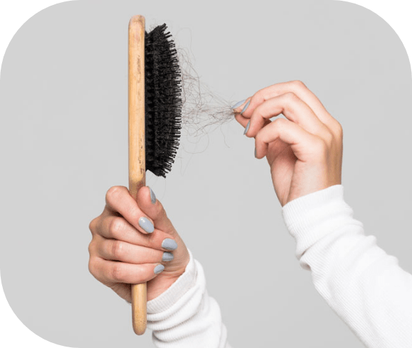 The image shows a person pulling tangled hair from a wooden hairbrush with black bristles. Has hair fall problems.